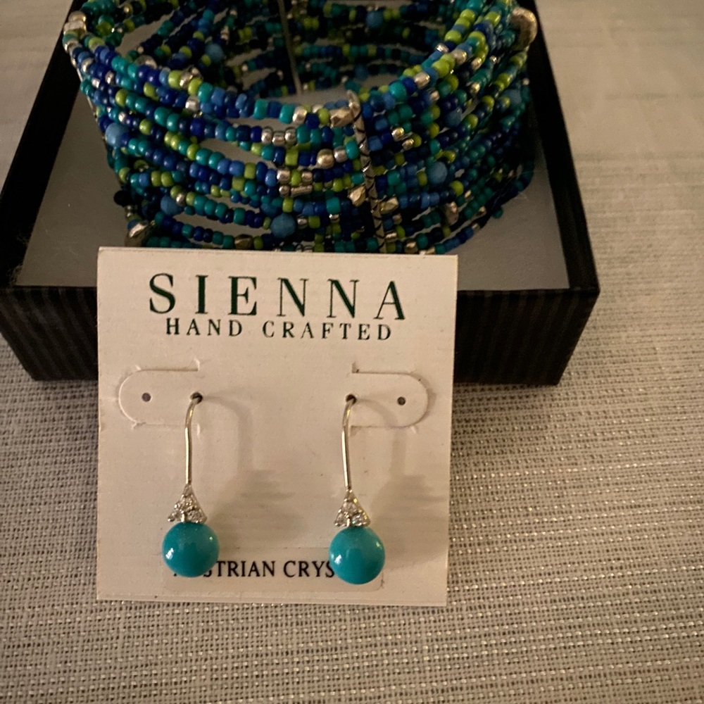 Stretchy multi strand beaded bracelet w/ handcrafted drop ball pierced earrings